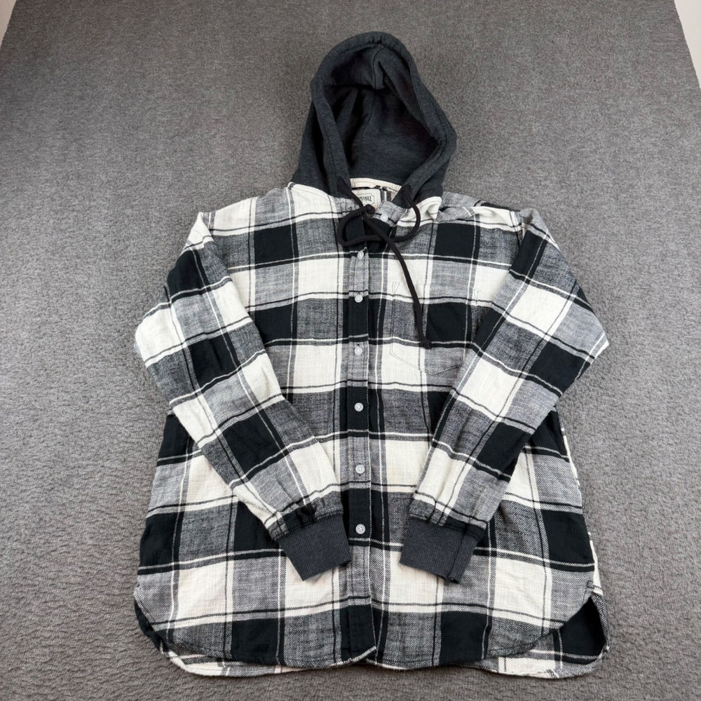 American Eagle Flannel Hoodie Women's Small Black White Plaid Button Front Shirt